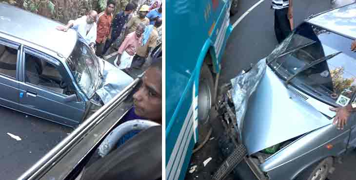 തണ്ണിത്തോടിനു സമീപം ഞള്ളൂരില് സ്വകാര്യ ബസ്സും മാരുതി കാറും കൂട്ടിയിടിച്ചു ; ആര്ക്കും പരിക്കില്ല തണ്ണിത്തോടിനു സമീപം ഞള്ളൂരില് സ്വകാര്യ ബസ്സും മാരുതി കാറും കൂട്ടിയിടിച്ചു ; ആര്ക്കും പരിക്കില്ല