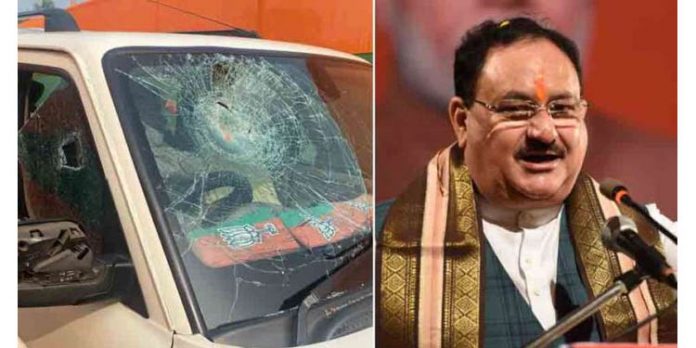 ബിജെപി ദേശീയ അദ്ധ്യക്ഷന് ജെപി നദ്ദയുടെ വാഹനത്തിന് നേരെ കല്ലേറ് ബിജെപി ദേശീയ അദ്ധ്യക്ഷന് ജെപി നദ്ദയുടെ വാഹനത്തിന് നേരെ കല്ലേറ്