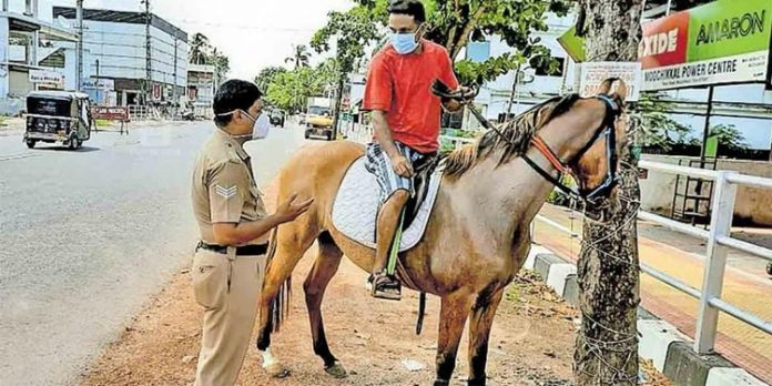 ട്രിപ്പിൾ ലോക്ക്ഡൗണിനിടെ കുതിരയുമായി ചുറ്റാനിറങ്ങി ; തിരിച്ചുപായിച്ച് പോലീസ് ട്രിപ്പിൾ ലോക്ക്ഡൗണിനിടെ കുതിരയുമായി ചുറ്റാനിറങ്ങി ; തിരിച്ചുപായിച്ച് പോലീസ്