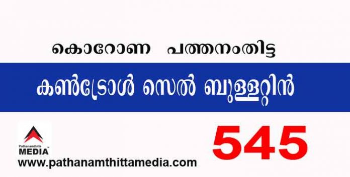 പത്തനംതിട്ടയില് ഇന്ന് 545 പേര്ക്ക് കോവിഡ് സ്ഥിരീകരിച്ചു ; കണ്ട്രോള്സെല് ബുളളറ്റിന് – ജൂണ് 09 പത്തനംതിട്ടയില് ഇന്ന് 545 പേര്ക്ക് കോവിഡ് സ്ഥിരീകരിച്ചു ; കണ്ട്രോള്സെല് ബുളളറ്റിന് – ജൂണ് 09