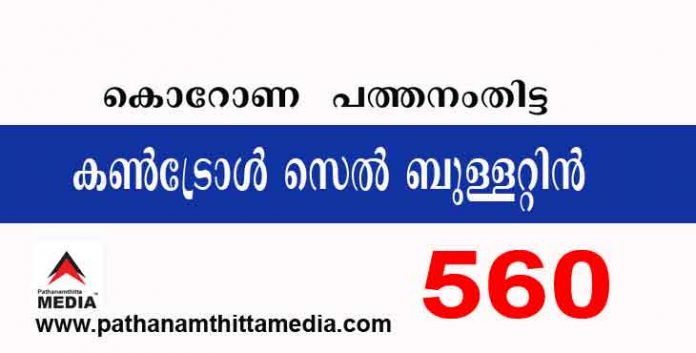 പത്തനംതിട്ടയില് ഇന്ന് 560 പേര്ക്ക് കോവിഡ് സ്ഥിരീകരിച്ചു ; കണ്ട്രോള്സെല് ബുളളറ്റിന് – ജൂണ് 08 പത്തനംതിട്ടയില് ഇന്ന് 560 പേര്ക്ക് കോവിഡ് സ്ഥിരീകരിച്ചു ; കണ്ട്രോള്സെല് ബുളളറ്റിന് – ജൂണ് 08