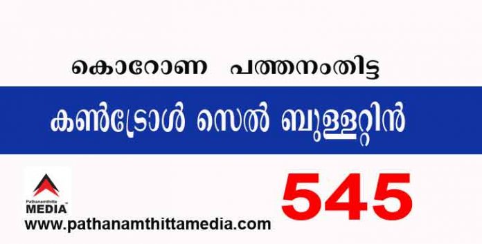 പത്തനംതിട്ടയില് ഇന്ന് 545 പേര്ക്ക് കോവിഡ് സ്ഥിരീകരിച്ചു ; കണ്ട്രോള് സെല് ബുളളറ്റിന് – ആഗസ്റ്റ് 16 പത്തനംതിട്ടയില് ഇന്ന് 545 പേര്ക്ക് കോവിഡ് സ്ഥിരീകരിച്ചു ; കണ്ട്രോള് സെല് ബുളളറ്റിന് – ആഗസ്റ്റ് 16