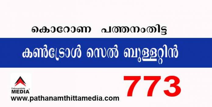 പത്തനംതിട്ട കുതിക്കുന്നു – ഇന്ന് 773 പേര്ക്ക് കോവിഡ് സ്ഥിരീകരിച്ചു ; കണ്ട്രോള് സെല് ബുളളറ്റിന് – ആഗസ്റ്റ് 18 പത്തനംതിട്ട കുതിക്കുന്നു – ഇന്ന് 773 പേര്ക്ക് കോവിഡ് സ്ഥിരീകരിച്ചു ; കണ്ട്രോള് സെല് ബുളളറ്റിന് – ആഗസ്റ്റ് 18