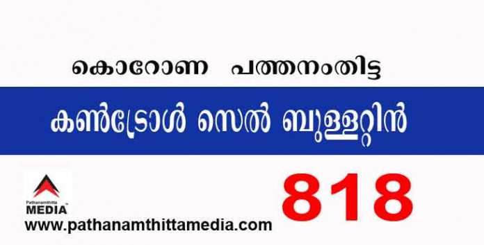 പത്തനംതിട്ട ജില്ലയില് ഇന്ന് 818 പേര്ക്ക് കോവിഡ് സ്ഥിരീകരിച്ചു : കണ്ട്രോള് സെല് ബുള്ളറ്റിന് – ആഗസ്റ്റ് 19 പത്തനംതിട്ട ജില്ലയില് ഇന്ന് 818 പേര്ക്ക് കോവിഡ് സ്ഥിരീകരിച്ചു : കണ്ട്രോള് സെല് ബുള്ളറ്റിന് – ആഗസ്റ്റ് 19