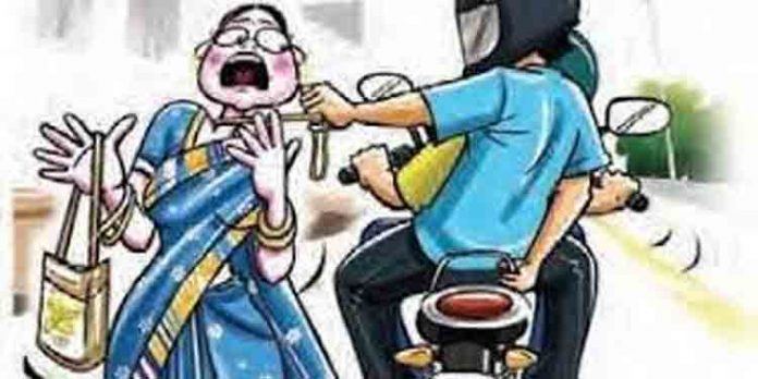 ബൈക്കിലെത്തിയ മോഷ്ടാവ് യുവതിയുടെ കഴുത്തില് നിന്ന് അഞ്ചരപവന് തൂക്കം വരുന്ന സ്വര്ണമാല തട്ടിപ്പറിച്ചു ബൈക്കിലെത്തിയ മോഷ്ടാവ് യുവതിയുടെ കഴുത്തില് നിന്ന് അഞ്ചരപവന് തൂക്കം വരുന്ന സ്വര്ണമാല തട്ടിപ്പറിച്ചു