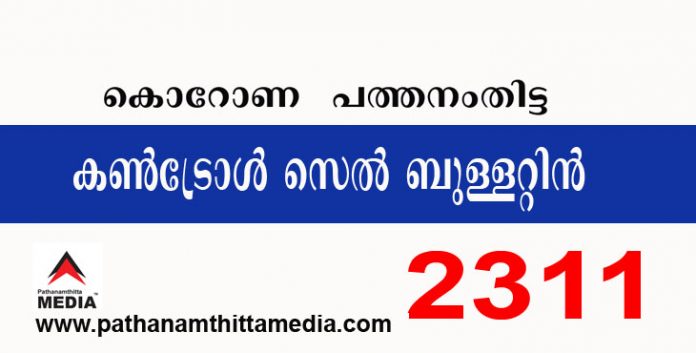 പത്തനംതിട്ടയില് ഇന്ന് 2311 പേര്ക്ക് കോവിഡ് സ്ഥിരീകരിച്ചു : കണ്ട്രോള് സെല് ബുളളറ്റിന് – ജനുവരി 25 പത്തനംതിട്ടയില് ഇന്ന് 2311 പേര്ക്ക് കോവിഡ് സ്ഥിരീകരിച്ചു : കണ്ട്രോള് സെല് ബുളളറ്റിന് – ജനുവരി 25