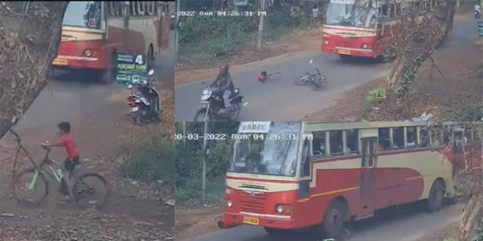 ഇടിച്ചുതെറിപ്പിച്ച സൈക്കിളിന് പിന്നില് ഇരച്ചെത്തിയ കെഎസ്ആര്ടിസി ; ബാലന്റെ അത്ഭുതകരമായ രക്ഷപ്പെടല് ഇടിച്ചുതെറിപ്പിച്ച സൈക്കിളിന് പിന്നില് ഇരച്ചെത്തിയ കെഎസ്ആര്ടിസി ; ബാലന്റെ അത്ഭുതകരമായ രക്ഷപ്പെടല്