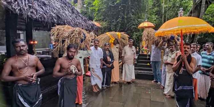 നിറ പുത്തരി ഘോക്ഷയാത്രയ്ക്ക് ആചാര അനുഷ്ടാനത്തോടെ കോന്നി കല്ലേലി ഊരാളി അപ്പൂപ്പൻ കാവിൽ വരവേൽപ്പ് നൽകി നിറ പുത്തരി ഘോക്ഷയാത്രയ്ക്ക് ആചാര അനുഷ്ടാനത്തോടെ കോന്നി കല്ലേലി ഊരാളി അപ്പൂപ്പൻ കാവിൽ വരവേൽപ്പ് നൽകി