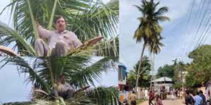 ഉടമ തുക നല്കുന്നില്ല ; തെങ്ങിന് മുകളില് കയറി യുവാവിന്റെ ആത്മഹത്യാ ഭീഷണി ഉടമ തുക നല്കുന്നില്ല ; തെങ്ങിന് മുകളില് കയറി യുവാവിന്റെ ആത്മഹത്യാ ഭീഷണി