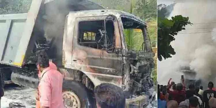 ടിപ്പര് ലോറിക്ക് തീ പിടിച്ചുണ്ടായ അപകടം ; ഒഴിവായത് വന് ദുരന്തം ടിപ്പര് ലോറിക്ക് തീ പിടിച്ചുണ്ടായ അപകടം ; ഒഴിവായത് വന് ദുരന്തം