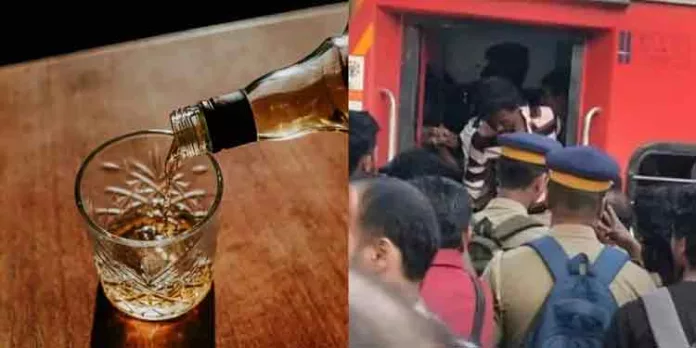 ഓടുന്ന ട്രെയിനിൽ പരസ്യമായി മദ്യപിക്കുകയും മദ്യ വിതരണം നടത്തുക്കയും ചെയ്ത രണ്ട് പേർ പിടിയിൽ ഓടുന്ന ട്രെയിനിൽ പരസ്യമായി മദ്യപിക്കുകയും മദ്യ വിതരണം നടത്തുക്കയും ചെയ്ത രണ്ട് പേർ പിടിയിൽ