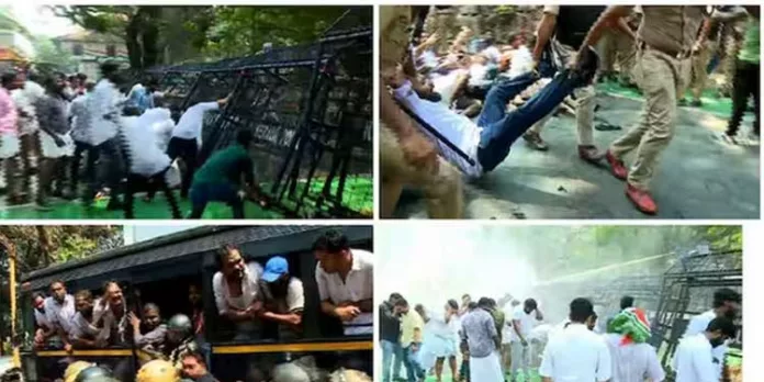 ഇന്ധന സെസിലും നികുതി വർധനക്കുമെതിരെ യൂത്ത് കോൺഗ്രസ് നടത്തിയ മാർച്ചിൽ സംഘർഷം ഇന്ധന സെസിലും നികുതി വർധനക്കുമെതിരെ യൂത്ത് കോൺഗ്രസ് നടത്തിയ മാർച്ചിൽ സംഘർഷം