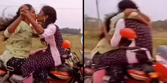 ഓടുന്ന ബൈക്കില് പരസ്പരം ചുംബിച്ചും കെട്ടിപ്പിടിച്ചും യുവതികളുടെ അഭ്യാസപ്രകടനം ഓടുന്ന ബൈക്കില് പരസ്പരം ചുംബിച്ചും കെട്ടിപ്പിടിച്ചും യുവതികളുടെ അഭ്യാസപ്രകടനം