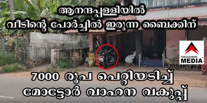 ആനന്ദപ്പള്ളിയില് വീടിന്റെ പോര്ച്ചില് ഇരുന്ന ബൈക്കിന് 7000 രൂപ പെറ്റിയടിച്ച് മോട്ടോര് വാഹന വകുപ്പ് ആനന്ദപ്പള്ളിയില് വീടിന്റെ പോര്ച്ചില് ഇരുന്ന ബൈക്കിന് 7000 രൂപ പെറ്റിയടിച്ച് മോട്ടോര് വാഹന വകുപ്പ്