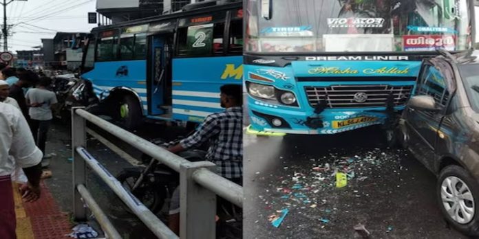 താനൂരിൽ നിർത്തിയിട്ട കാറിന്റെ പിൻഭാഗത്ത് ബസ് ഇടിച്ചു കയറി താനൂരിൽ നിർത്തിയിട്ട കാറിന്റെ പിൻഭാഗത്ത് ബസ് ഇടിച്ചു കയറി