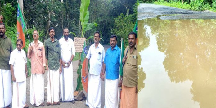 റോഡിന്റെ ശോചനീയാവസ്ഥയില് പ്രതിഷേധിച്ച് റോഡില് വാഴ നട്ട് ബിജെപി റോഡിന്റെ ശോചനീയാവസ്ഥയില് പ്രതിഷേധിച്ച് റോഡില് വാഴ നട്ട് ബിജെപി