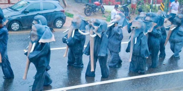 കനത്തമഴയിൽ നനഞ്ഞ് കുതിർന്ന് ആനവേഷധാരികൾ കനത്തമഴയിൽ നനഞ്ഞ് കുതിർന്ന് ആനവേഷധാരികൾ