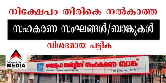 നിക്ഷേപം തിരികെ നല്കുവാന് സാധിക്കാത്ത സഹകരണ സംഘങ്ങള്/ബാങ്കുകള് ; വിശദമായ പട്ടിക നിക്ഷേപം തിരികെ നല്കുവാന് സാധിക്കാത്ത സഹകരണ സംഘങ്ങള്/ബാങ്കുകള് ; വിശദമായ പട്ടിക