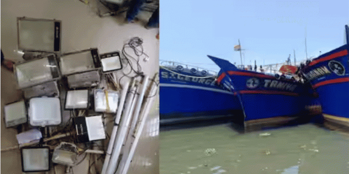 തീവ്രതയേറിയ ലൈറ്റുകള് ഉപയോഗിച്ച് അനധികൃത മത്സ്യബന്ധനം ; മൂന്ന് ബോട്ടുകള് ഫിഷറീസ് വകുപ്പ് പിടിച്ചെടുത്തു തീവ്രതയേറിയ ലൈറ്റുകള് ഉപയോഗിച്ച് അനധികൃത മത്സ്യബന്ധനം ; മൂന്ന് ബോട്ടുകള് ഫിഷറീസ് വകുപ്പ് പിടിച്ചെടുത്തു