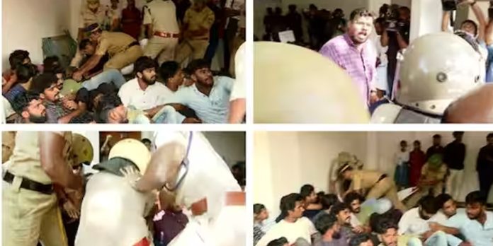 സെനറ്റ് യോഗം ; പ്രതിഷേധക്കാരെ ബലം പ്രയോഗിച്ച് നീക്കി പോലീസ് സെനറ്റ് യോഗം ; പ്രതിഷേധക്കാരെ ബലം പ്രയോഗിച്ച് നീക്കി പോലീസ്
