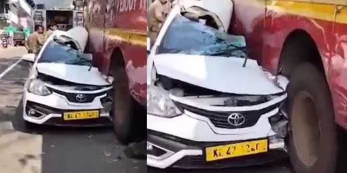 കെഎസ്ആർടിസി ബസ്സിന് അടിയിലേക്ക് കാർ ഇടിച്ചു കയറി : യാത്രക്കാർ രക്ഷപ്പെട്ടത് തലനാരിഴയ്ക്ക് കെഎസ്ആർടിസി ബസ്സിന് അടിയിലേക്ക് കാർ ഇടിച്ചു കയറി : യാത്രക്കാർ രക്ഷപ്പെട്ടത് തലനാരിഴയ്ക്ക്