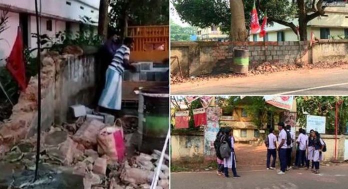 മുഖ്യമന്ത്രിയുടെ ബസിന് പോകാൻ പൊളിച്ച മതിൽ പുനര്നിർമാണം തുടങ്ങി മുഖ്യമന്ത്രിയുടെ ബസിന് പോകാൻ പൊളിച്ച മതിൽ പുനര്നിർമാണം തുടങ്ങി