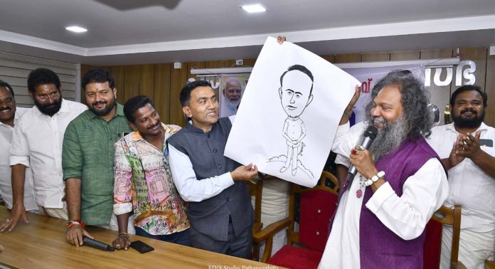 പത്തനംതിട്ടയിലെത്തിയ ഗോവ മുഖ്യമന്ത്രിയ്ക്ക് ജിതേഷ്ജിയുടെ തത്സമയ അതിവേഗ രേഖചിത്രം സ്നേഹസമ്മാനമായി നൽകി പത്തനംതിട്ടയിലെത്തിയ ഗോവ മുഖ്യമന്ത്രിയ്ക്ക് ജിതേഷ്ജിയുടെ തത്സമയ അതിവേഗ രേഖചിത്രം സ്നേഹസമ്മാനമായി നൽകി