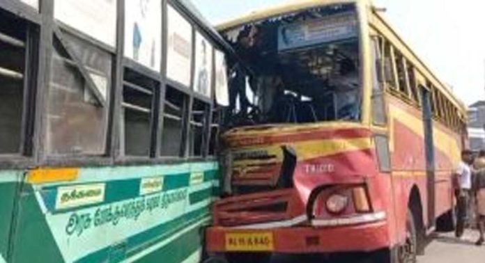 കെഎസ്ആർടിസി ബസും തമിഴ്നാട് ട്രാൻസ്പോർട്ട് ബസും കൂട്ടിയിടിച്ച് 35 പേർക്ക് പരുക്ക് കെഎസ്ആർടിസി ബസും തമിഴ്നാട് ട്രാൻസ്പോർട്ട് ബസും കൂട്ടിയിടിച്ച് 35 പേർക്ക് പരുക്ക്