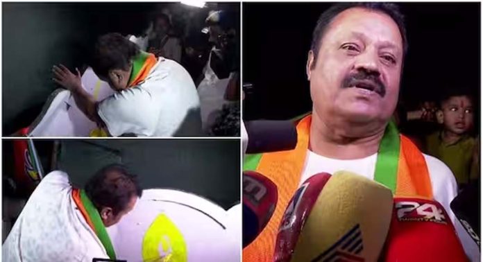 തൃശ്ശൂരിൽ മതിലിൽ താമര വരച്ച് ബിജെപി മുൻ എംപി സുരഷ് ഗോപി തൃശ്ശൂരിൽ മതിലിൽ താമര വരച്ച് ബിജെപി മുൻ എംപി സുരഷ് ഗോപി
