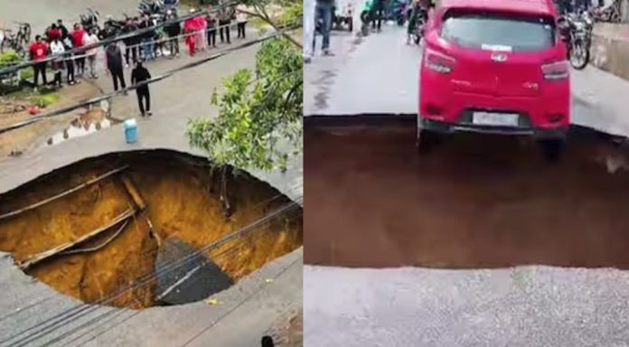 വാഹനം ഓടിക്കൊണ്ടിരിക്കെ റോഡ് ഇടിഞ്ഞു താഴ്ന്നു ; രൂപപ്പെട്ടത് വൻ ഗർത്തം വാഹനം ഓടിക്കൊണ്ടിരിക്കെ റോഡ് ഇടിഞ്ഞു താഴ്ന്നു ; രൂപപ്പെട്ടത് വൻ ഗർത്തം