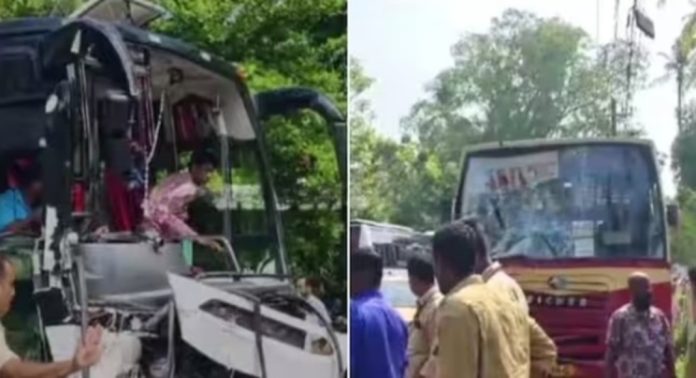ഗുരുവായൂരിൽ ദർശനം കഴിഞ്ഞ് മടങ്ങിയവരുടെ ടൂറിസ്റ്റ് ബസും കെഎസ്ആര്ടിസിയും കൂട്ടിയിടിച്ചു ; 17 പേർക്ക് പരിക്ക് ഗുരുവായൂരിൽ ദർശനം കഴിഞ്ഞ് മടങ്ങിയവരുടെ ടൂറിസ്റ്റ് ബസും കെഎസ്ആര്ടിസിയും കൂട്ടിയിടിച്ചു ; 17 പേർക്ക് പരിക്ക്