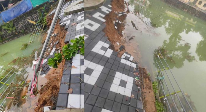 പരാതികൾ അവഗണിച്ച് ഉദ്ഘാടനം ; സംരക്ഷണ ഭിത്തിയും ഹൈമാസ്റ്റ് ലൈറ്റും കുളത്തിൽ പരാതികൾ അവഗണിച്ച് ഉദ്ഘാടനം ; സംരക്ഷണ ഭിത്തിയും ഹൈമാസ്റ്റ് ലൈറ്റും കുളത്തിൽ