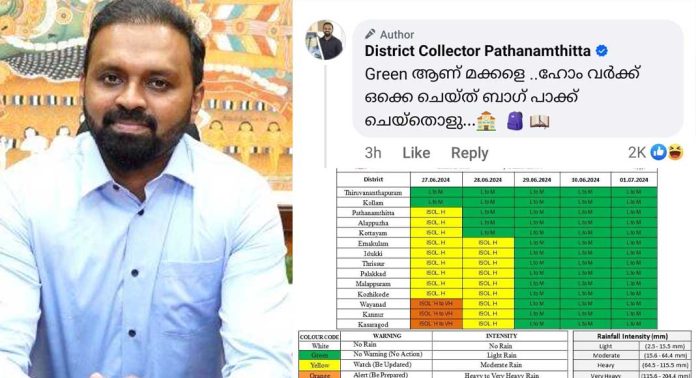അവധിയൊന്നുമില്ല ; ‘ഗ്രീൻ ആണ് മക്കളെ, ഹോം വർക്കൊക്കെ ചെയ്ത് ബാഗ് പാക്ക് ചെയ്തോളു ; പത്തനംതിട്ട ജില്ലാ കളക്ടറുടെ മറുപടി, വൈറൽ അവധിയൊന്നുമില്ല ; ‘ഗ്രീൻ ആണ് മക്കളെ, ഹോം വർക്കൊക്കെ ചെയ്ത് ബാഗ് പാക്ക് ചെയ്തോളു ; പത്തനംതിട്ട ജില്ലാ കളക്ടറുടെ മറുപടി, വൈറൽ