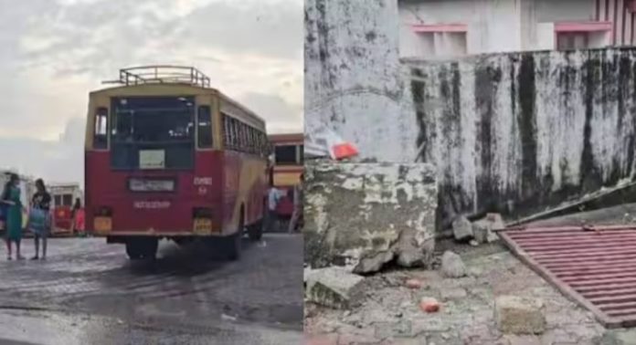 ഡ്രൈവർ കാപ്പി കുടിക്കാൻ പോയി ; നിർത്തിയിട്ടിരുന്ന കെഎസ്ആർടിസി ബസ് റോഡിലേക്ക് നീങ്ങി ; ഗേറ്റും മതിലും തകര്ത്തു ഡ്രൈവർ കാപ്പി കുടിക്കാൻ പോയി ; നിർത്തിയിട്ടിരുന്ന കെഎസ്ആർടിസി ബസ് റോഡിലേക്ക് നീങ്ങി ; ഗേറ്റും മതിലും തകര്ത്തു