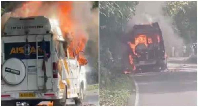 വയനാട്ടിലേക്കുള്ള യാത്രയിൽ ട്രാവലറിന് തീ പിടിച്ചു വയനാട്ടിലേക്കുള്ള യാത്രയിൽ ട്രാവലറിന് തീ പിടിച്ചു