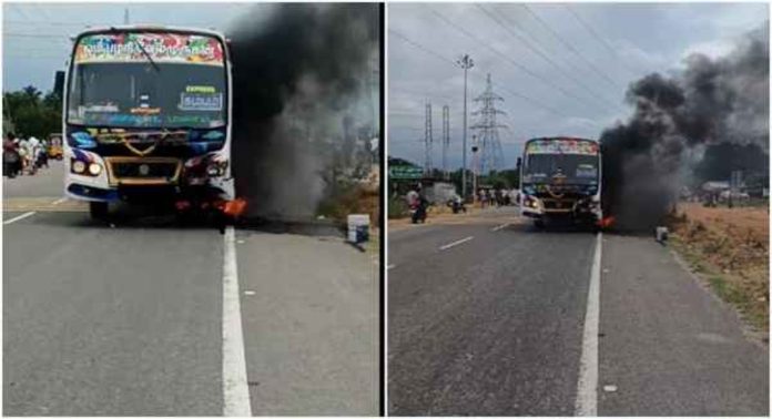 ബസിൽ ഇരുചക്ര വാഹനം ഇടിച്ച് തീപിടുത്തം ; ഒരാൾ മരിച്ചു ബസിൽ ഇരുചക്ര വാഹനം ഇടിച്ച് തീപിടുത്തം ; ഒരാൾ മരിച്ചു