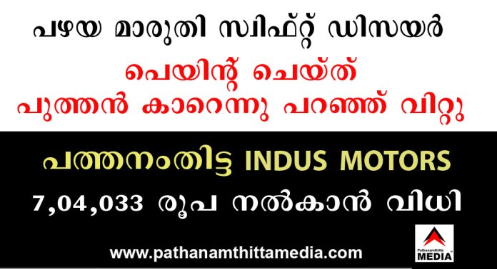 പഴയ മാരുതി സ്വിഫ്റ്റ് ഡിസയര് പെയിന്റ് ചെയ്ത് പുത്തന് കാറെന്നു പറഞ്ഞ് വിറ്റു ; പത്തനംതിട്ട ഇൻഡസ് മോട്ടോഴ്സ് 7,04,033 രൂപ നൽകാന് വിധി പഴയ മാരുതി സ്വിഫ്റ്റ് ഡിസയര് പെയിന്റ് ചെയ്ത് പുത്തന് കാറെന്നു പറഞ്ഞ് വിറ്റു ; പത്തനംതിട്ട ഇൻഡസ് മോട്ടോഴ്സ് 7,04,033 രൂപ നൽകാന് വിധി