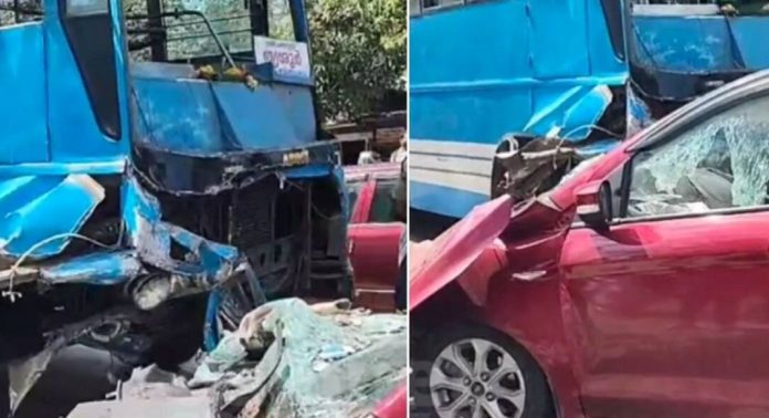 കരുവന്നൂർ ചെറിയപാലത്തിൽ സ്വകാര്യ ബസും കാറും കൂട്ടിയിടിച്ച് കാർ ഡ്രൈവർ മരിച്ചു കരുവന്നൂർ ചെറിയപാലത്തിൽ സ്വകാര്യ ബസും കാറും കൂട്ടിയിടിച്ച് കാർ ഡ്രൈവർ മരിച്ചു