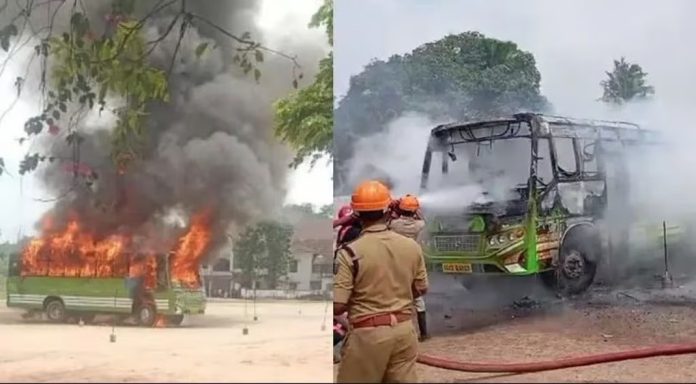 ലൈസന്സ് ടെസ്റ്റിനിടെ ബസിന് തീപിടിച്ച് അപകടം ലൈസന്സ് ടെസ്റ്റിനിടെ ബസിന് തീപിടിച്ച് അപകടം