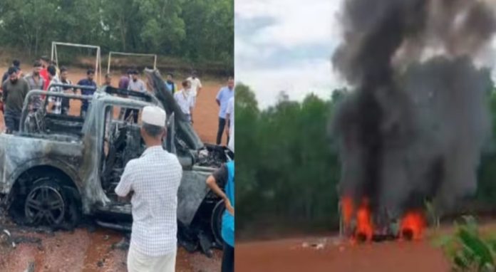 അഭ്യാസ പ്രകടനത്തിനിടെ പുതിയ ഥാർ വാഹനം കത്തിനശിച്ചു അഭ്യാസ പ്രകടനത്തിനിടെ പുതിയ ഥാർ വാഹനം കത്തിനശിച്ചു
