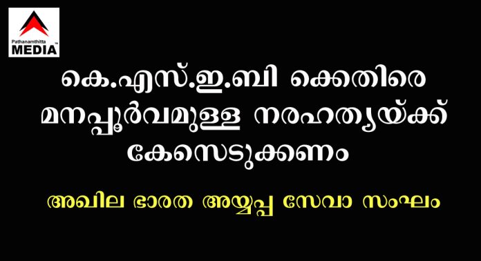 വടശ്ശേരിക്കരയില് അയ്യപ്പഭക്തന് മരിച്ച സംഭവത്തില് കെ.എസ്.ഇ.ബി ക്കെതിരെ മനപ്പൂർവമുള്ള നരഹത്യയ്ക്ക് കേസെടുക്കണം ; അഖില ഭാരത അയ്യപ്പ സേവാ സംഘം വടശ്ശേരിക്കരയില് അയ്യപ്പഭക്തന് മരിച്ച സംഭവത്തില് കെ.എസ്.ഇ.ബി ക്കെതിരെ മനപ്പൂർവമുള്ള നരഹത്യയ്ക്ക് കേസെടുക്കണം ; അഖില ഭാരത അയ്യപ്പ സേവാ സംഘം