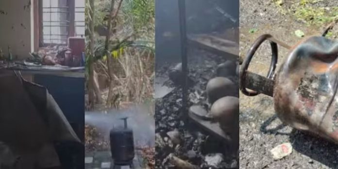 ഗ്യാസ് സിലിണ്ടർ പൊട്ടിത്തെറിച്ച് വീടിനു തീപിടിച്ചു ഗ്യാസ് സിലിണ്ടർ പൊട്ടിത്തെറിച്ച് വീടിനു തീപിടിച്ചു
