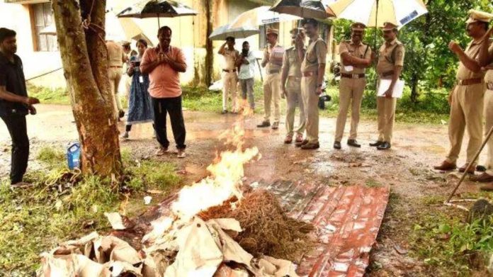 ലഹരി വിരുദ്ധ ദിനാചരണത്തിന്റെ ഭാഗമായി ജില്ലയിൽ പിടിച്ചെടുത്ത കഞ്ചാവ് കത്തിച്ചു ലഹരി വിരുദ്ധ ദിനാചരണത്തിന്റെ ഭാഗമായി ജില്ലയിൽ പിടിച്ചെടുത്ത കഞ്ചാവ് കത്തിച്ചു