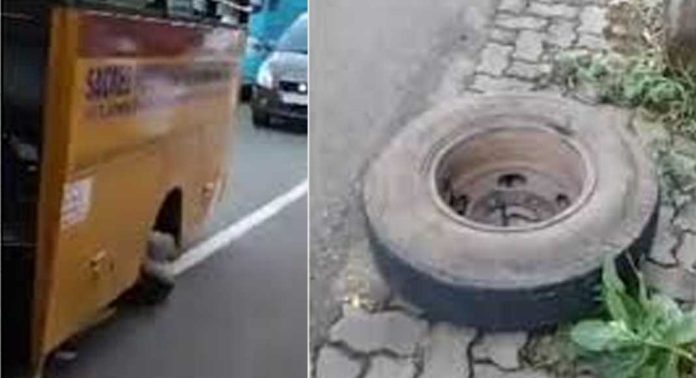 കോന്നിയിൽ യാത്രക്കിടെ സ്കൂൾ ബസിന്റെ ടയര് ഊരി പോയി കോന്നിയിൽ യാത്രക്കിടെ സ്കൂൾ ബസിന്റെ ടയര് ഊരി പോയി