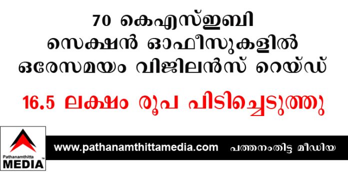 70 കെഎസ്ഇബി സെക്ഷൻ ഓഫീസുകളില് ഒരേസമയം വിജിലൻസ് റെയ്ഡ് : 16.5 ലക്ഷം രൂപ പിടിച്ചെടുത്തു 70 കെഎസ്ഇബി സെക്ഷൻ ഓഫീസുകളില് ഒരേസമയം വിജിലൻസ് റെയ്ഡ് : 16.5 ലക്ഷം രൂപ പിടിച്ചെടുത്തു
