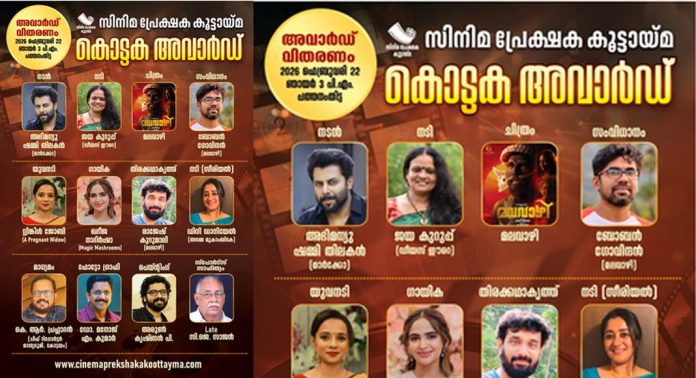 സിനിമ പ്രേക്ഷക കൂട്ടായ്മ “കൊട്ടക 2026” അവാർഡുകൾ പ്രഖ്യാപിച്ചു സിനിമ പ്രേക്ഷക കൂട്ടായ്മ “കൊട്ടക 2026” അവാർഡുകൾ പ്രഖ്യാപിച്ചു
