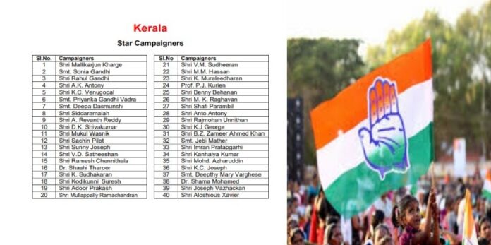 നിയമസഭാ തിരഞ്ഞെടുപ്പ് ; താര പ്രചാരകരുടെ പട്ടിക പുറത്തുവിട്ട് കോൺഗ്രസ് നിയമസഭാ തിരഞ്ഞെടുപ്പ് ; താര പ്രചാരകരുടെ പട്ടിക പുറത്തുവിട്ട് കോൺഗ്രസ്