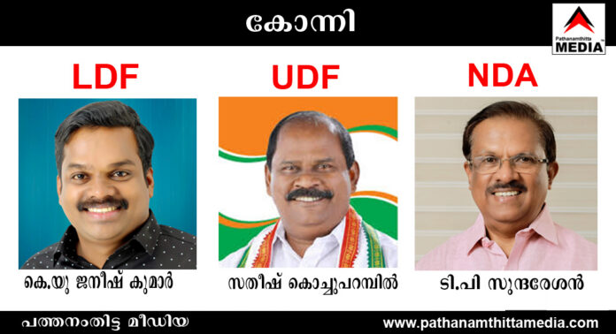 കോന്നിയില് അങ്കം കുറിച്ച് മൂന്ന് മുന്നണികളും ; കെ.യു.ജനീഷ് കുമാര് (LDF), സതീഷ് കൊച്ചുപറമ്പില് (UDF), ടി.പി സുന്ദരേശന് (NDA) കോന്നിയില് അങ്കം കുറിച്ച് മൂന്ന് മുന്നണികളും ; കെ.യു.ജനീഷ് കുമാര് (LDF), സതീഷ് കൊച്ചുപറമ്പില് (UDF), ടി.പി സുന്ദരേശന് (NDA)