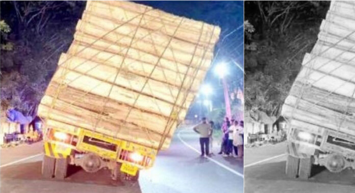അടൂരില് തടിലോഡുമായി വന്ന ലോറി നടുറോഡില് ചരിഞ്ഞു അടൂരില് തടിലോഡുമായി വന്ന ലോറി നടുറോഡില് ചരിഞ്ഞു