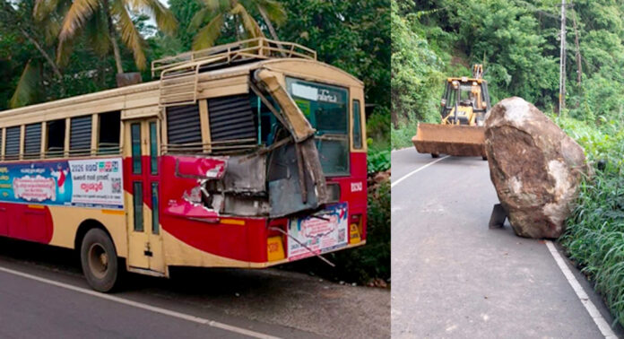 പെരുവന്താനത്ത് റോഡിലേക്ക് കൂറ്റൻ കല്ല് അടർന്നുവീണ് കെ.എസ്.ആർ.ടി.സി യാത്രക്കാരന് പരുക്ക് പെരുവന്താനത്ത് റോഡിലേക്ക് കൂറ്റൻ കല്ല് അടർന്നുവീണ് കെ.എസ്.ആർ.ടി.സി യാത്രക്കാരന് പരുക്ക്
